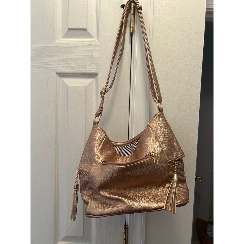 Rose Gold Metallic Crossbody Bag Tassel Chevron Quilted Hobo Shoulder Bag